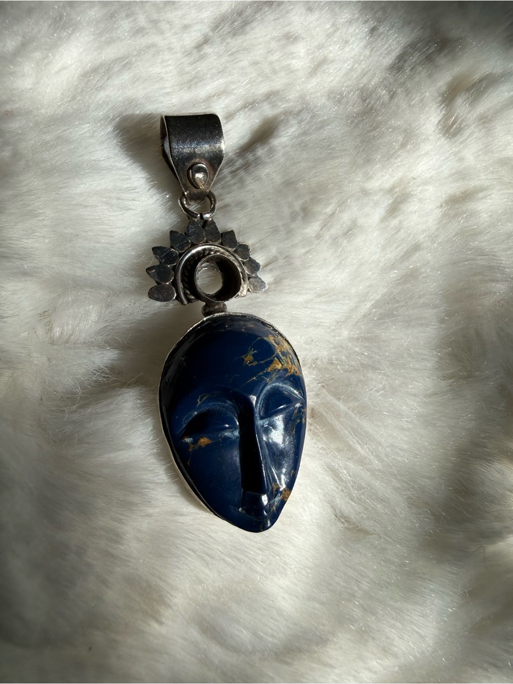 Vintage 925 Sterling Silver Lapis Lazuli Carved Face Pendant